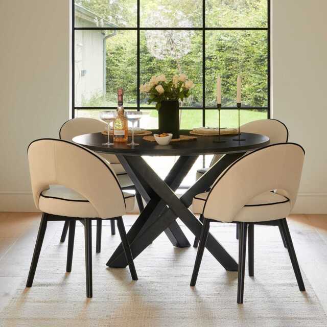 Levi Black Round Dining Table Set - 4 Seater - Marilyn Ivory Dining Chairs with Black Legs - image 1