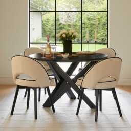 Levi Black Round Dining Table Set - 4 Seater - Marilyn Ivory Dining Chairs with Black Legs