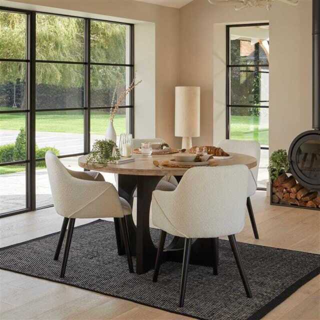 Jade Mango Wood Round Dining Table Set - 4 Seater - Freya Boucle Armchairs with Black Legs - image 1