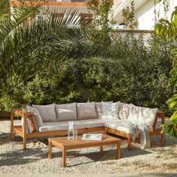 Dakota Wooden Garden Corner Sofa Set - Sand Cushions - thumbnail 1