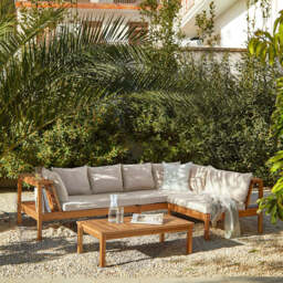 Dakota Wooden Garden Corner Sofa Set - Sand Cushions - thumbnail 1
