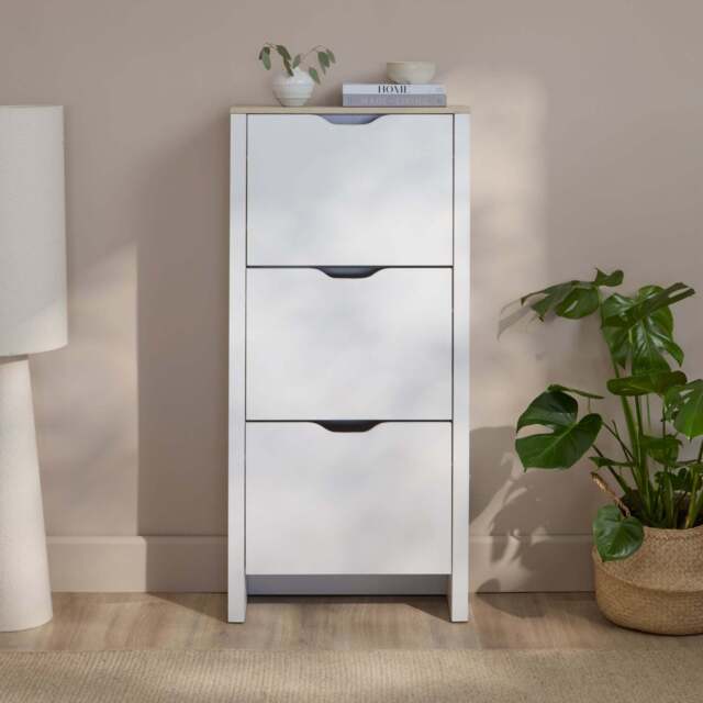 Windsor 60cm Three Door Shoe Cabinet - Chalk White with Coastal Oak Top - image 1