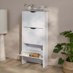 Windsor 60cm Three Door Shoe Cabinet - Chalk White with Coastal Oak Top - thumbnail 3