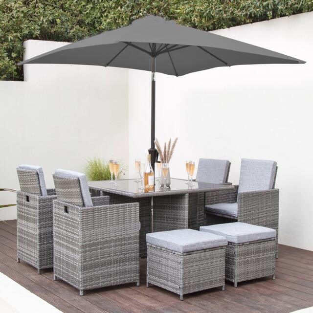 Cube 8 Seater Rattan Outdoor Dining Set with Grey LED Premium Parasol - Grey Weave - image 1