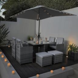 Cube 8 Seater Rattan Outdoor Dining Set with Grey LED Premium Parasol - Grey Weave - thumbnail 3