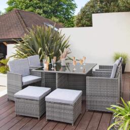 Cube 8 Seater Rattan Outdoor Dining Set with Grey LED Premium Parasol - Grey Weave - thumbnail 6