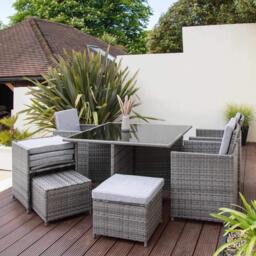 Cube 8 Seater Rattan Outdoor Dining Set with Grey LED Premium Parasol - Grey Weave - thumbnail 4
