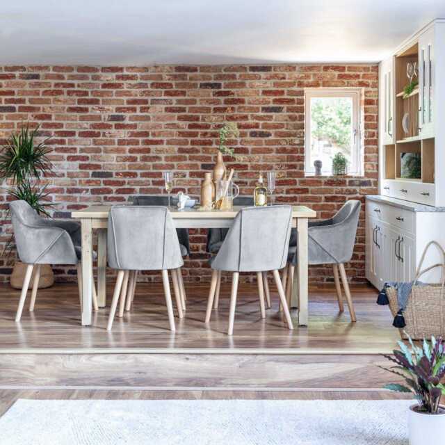 Ella Pale Oak Dining Table Set - 6 Seater - 2 Freya Grey Carver Chairs & 4 Dining Chairs - Whitewash Oak Legs - image 1