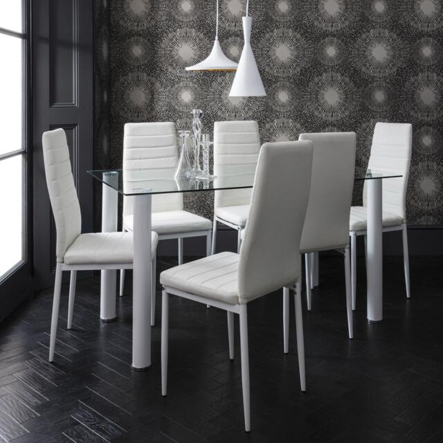 Anya Glass Dining Table Set - 6 Seater - White Faux Leather Dining Chairs - image 1