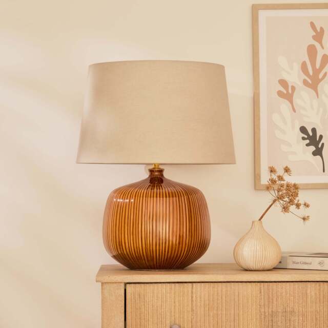Tongham Saffron Yellow Ceramic Table Lamp & Coningsby Taupe Cotton Lampshade - 40cm - image 1
