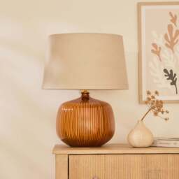Tongham Saffron Yellow Ceramic Table Lamp & Coningsby Taupe Cotton Lampshade - 40cm - thumbnail 1