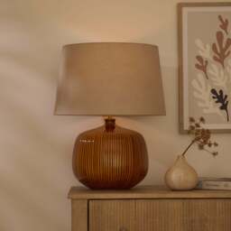 Tongham Saffron Yellow Ceramic Table Lamp & Coningsby Taupe Cotton Lampshade - 40cm - thumbnail 2