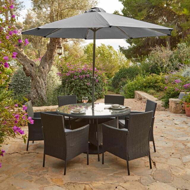 Kemble 6 Seater Rattan Round Garden Dining Set with Grey LED Premium Parasol & Parasol Rain Cover - Black Weave - image 1