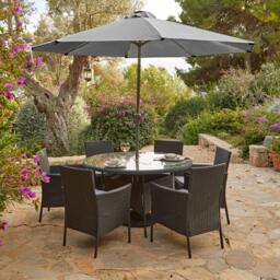 Kemble 6 Seater Rattan Round Garden Dining Set with Grey LED Premium Parasol & Parasol Rain Cover - Black Weave