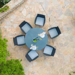 Kemble 6 Seater Rattan Round Garden Dining Set with Grey LED Premium Parasol & Parasol Rain Cover - Black Weave - thumbnail 5