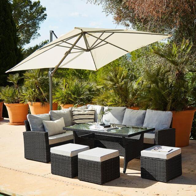 Aston 9 Seater Rattan Garden Corner Sofa Set with Cream LED Premium Cantilever Parasol - Black Weave - image 1