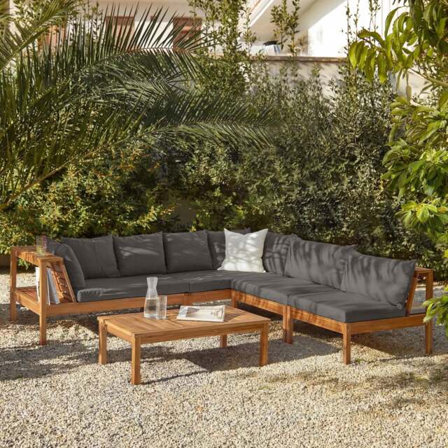Dakota 6 Seater Wooden Corner Sofa Set - Natural Acacia with Grey Cushions