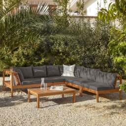 Dakota 6 Seater Wooden Corner Sofa Set - Natural Acacia with Grey Cushions - thumbnail 1