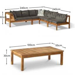Dakota 6 Seater Wooden Corner Sofa Set - Natural Acacia with Grey Cushions - thumbnail 6