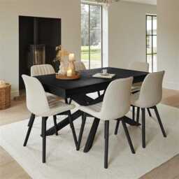Amelia Black Dining Table Set - 6 Seater - Bella Light Beige Boucle Dining Chairs - Black Legs - thumbnail 1