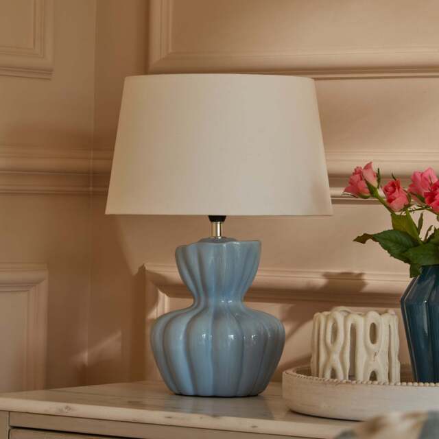 Dawes 30cm Cornflower Blue Ceramic Lamp Base & Coningsby Snow White Cotton Lampshade - 30cm - image 1