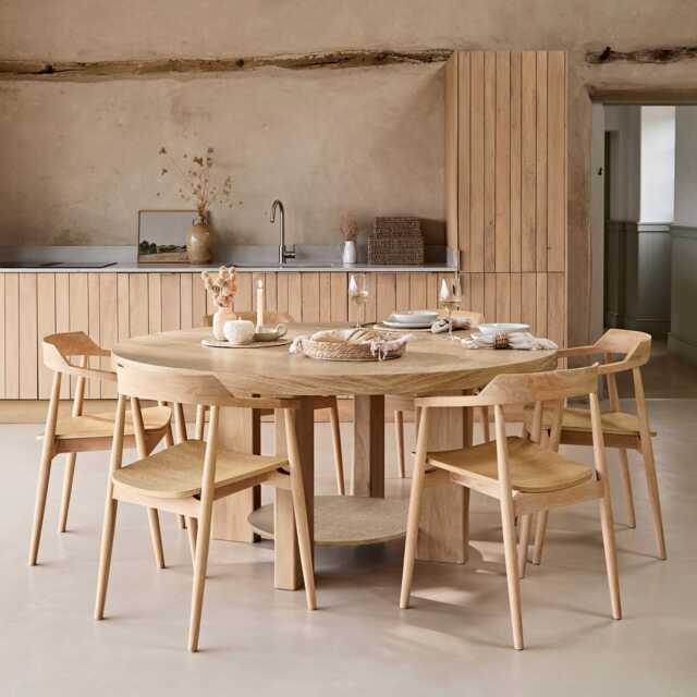 Marlon Whitewash Oak Round Dining Table Set - 6 Seater - Carter Whitewash Oak Dining Armchairs - image 1