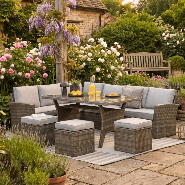 Aston 9 Seater Rattan Corner Sofa Set with Glass Table Top - Grey - image 1
