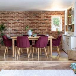 Ella 160cm Pale Oak Dining Table Set - 6 Seater - 4 Freya Dining Chairs with  2 Freya Armchairs - Burgundy Red with Pale Oak Legs - thumbnail 1
