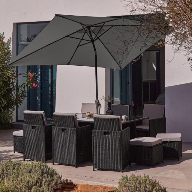 Cube 10 Seater Rattan Outdoor Dining Set with Grey Parasol - Black Weave - image 1