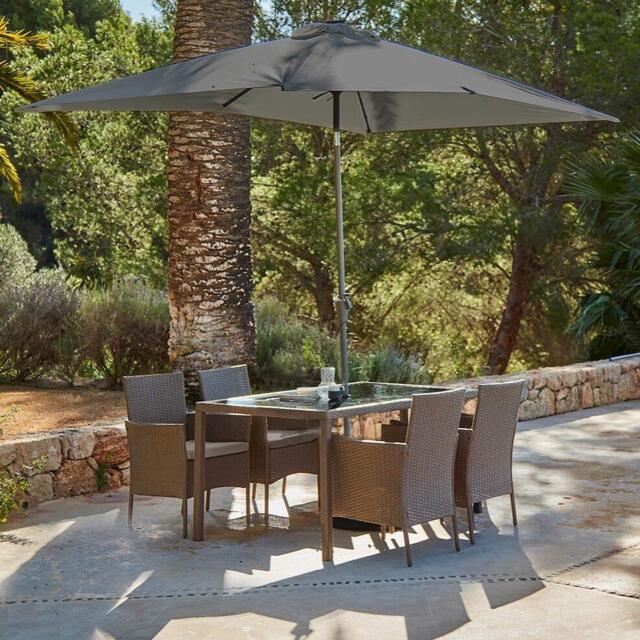 Marston 4 Seater Rattan Garden Dining Set with Grey Parasol - Natural Brown - Glass Top - image 1