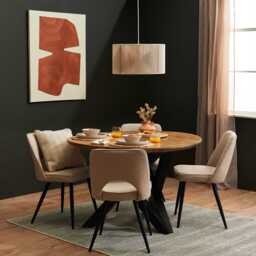 Levi Mango Wood Round Dining Table Set - 4 Seater - Dolly Boucle Dining Chairs - Black Legs - thumbnail 1