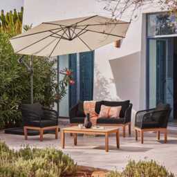 Eaden Rope Garden Conversation Set with Cream Lean Over Parasol - Black