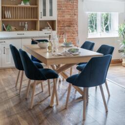 Amelia Whitewash Dining Table Set - 6 Seater - Freya Blue Dining Chairs - Whitewash Oak Legs