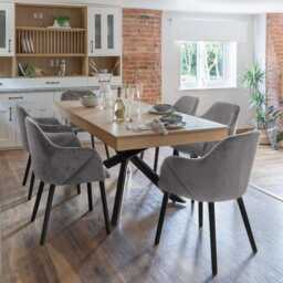 Amelia Whitewash Dining Table Set - 6 Seater - Freya Grey Carver Chairs - Black Legs