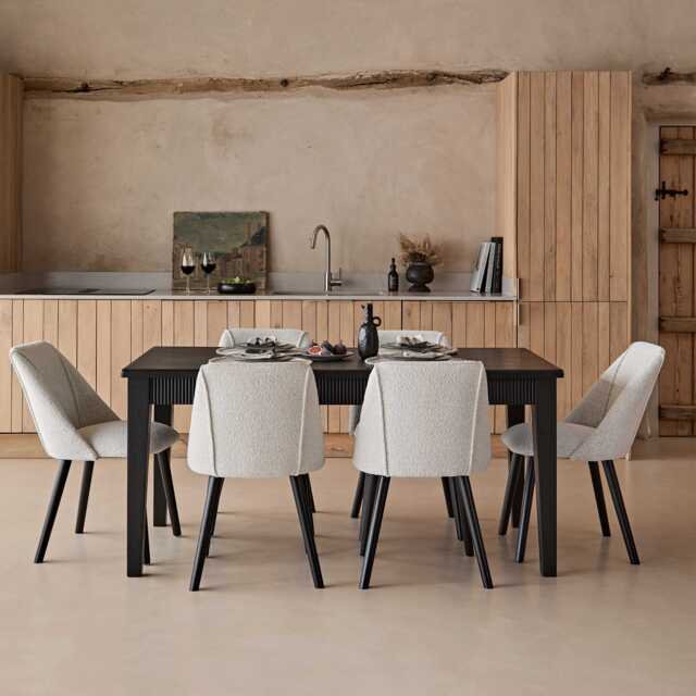 Raleigh Black Oak Rectangular Dining Table Set - 6 Seater - Freya Oat Boucle Dining Chairs - Black Oak Legs - image 1