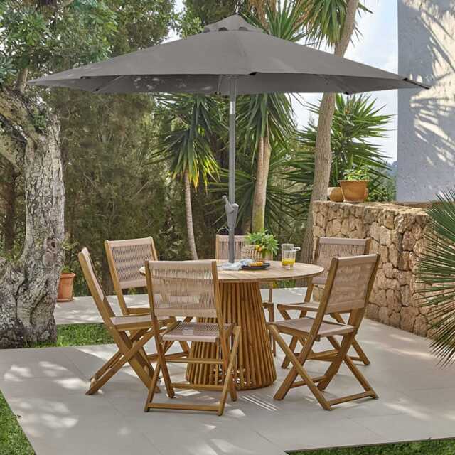 Willow 6 Seater Round Wooden Garden Dining Set with 6 Cove Rope Chairs & Round Grey LED Parasol - image 1