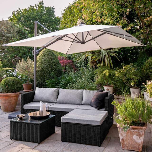 Weston 4 Seater Rattan Garden Corner Sofa Set with Cream LED Premium Cantilever Parasol & Base - Black Weave - image 1