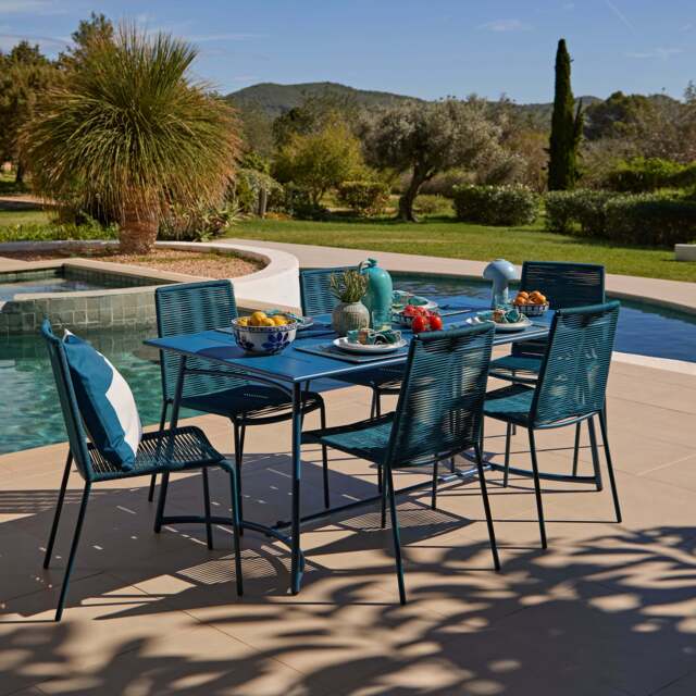 Wilder 6 Seater Blue Garden Dining Set with Ryder Teal Chairs - image 1