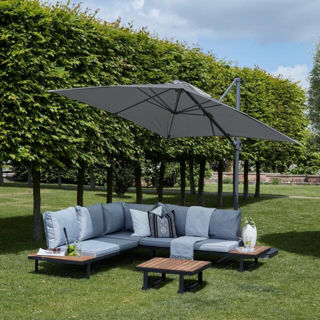 Thea Wooden Garden Corner Sofa Set with Grey LED Premium Parasol - image 1