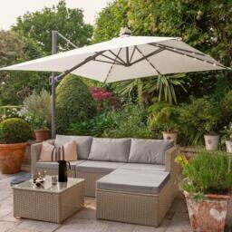 Weston 4 Seater Rattan Garden Corner Sofa Set with Cream LED Premium Parasol - Natural Weave