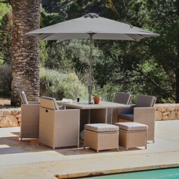 Cube 8 Seater Rattan Outdoor Dining Set with Grey LED Premium Parasol - Natural Brown Weave Polywood Top - thumbnail 1