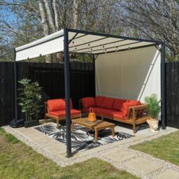 Dakota Wooden Garden Corner Sofa Set with Grey LED Premium Parasol - Red Cushions - thumbnail 2