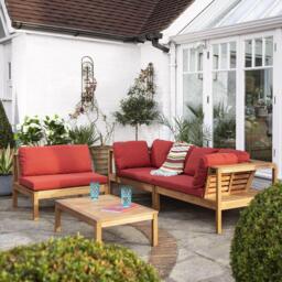 Dakota Wooden Garden Corner Sofa Set with Grey LED Premium Parasol - Red Cushions - thumbnail 4