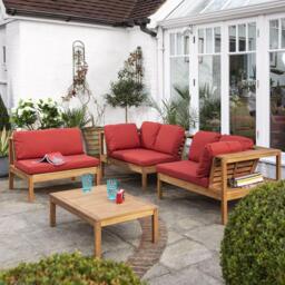 Dakota Wooden Garden Corner Sofa Set with Grey LED Premium Parasol - Red Cushions - thumbnail 5