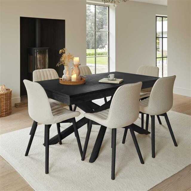 Amelia Black Extending Dining Table Set - 6 Seater - Bella Light Beige Boucle Dining Chairs - Black Legs - image 1