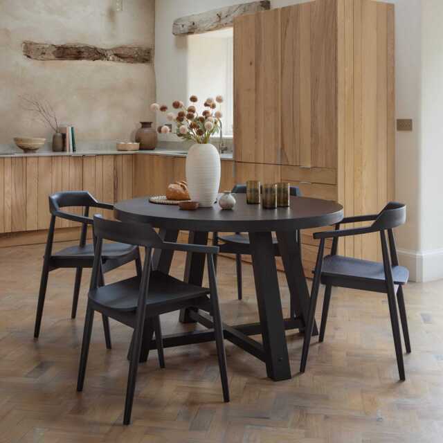 Charlotte Black Oak Round Dining Table Set - 4 Seater - Carter Black Oak Dining Armchairs - image 1