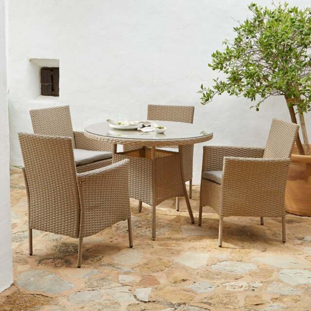 Kemble 4 Seater Rattan Round Garden Dining Table & Chair Set - Natural Brown - image 1