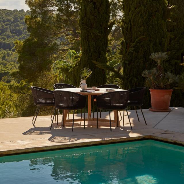 Shiro 6 Seater Wooden Round Garden Dining Table with 6 Hali Black Rope Chairs - 160cm - image 1