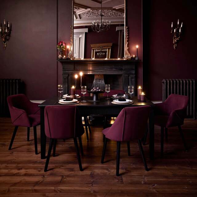 Raleigh Black Dining Table Set - 6 Seater - 4 Freya Burgundy Red Dining Chairs & 2 Freya Burgundy Red Armchairs - Black Oak Legs - image 1