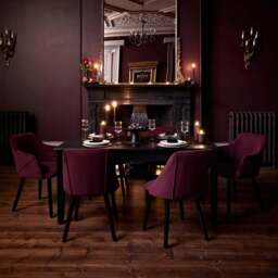 Raleigh Black Dining Table Set - 6 Seater - 4 Freya Burgundy Red Dining Chairs & 2 Freya Burgundy Red Armchairs - Black Oak Legs - thumbnail 1